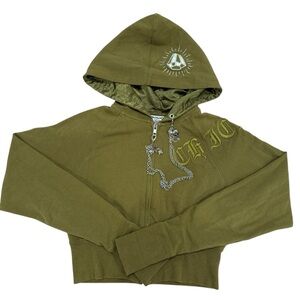 Y2K Glam Grunge McBling Chick by Nicky Hilton Cropped  Hoodie Chain Skull Oliv S